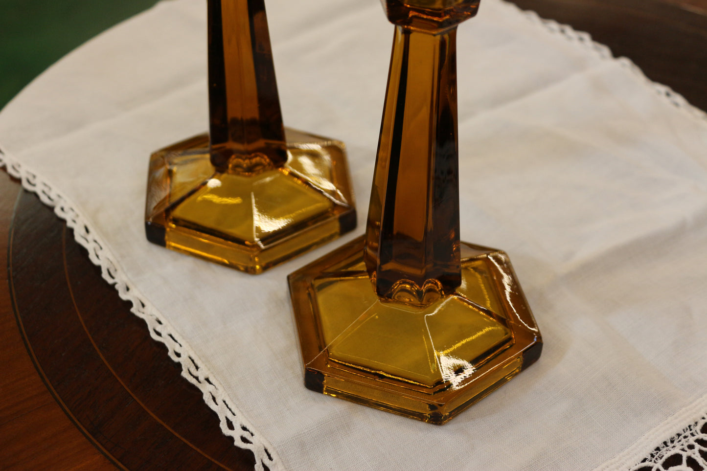 英國｜六角形黃色水晶燭台✤已蒙收藏