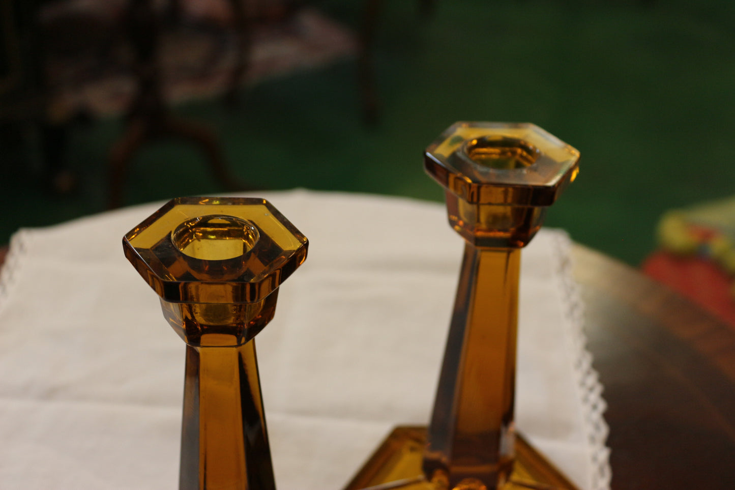英國｜六角形黃色水晶燭台✤已蒙收藏