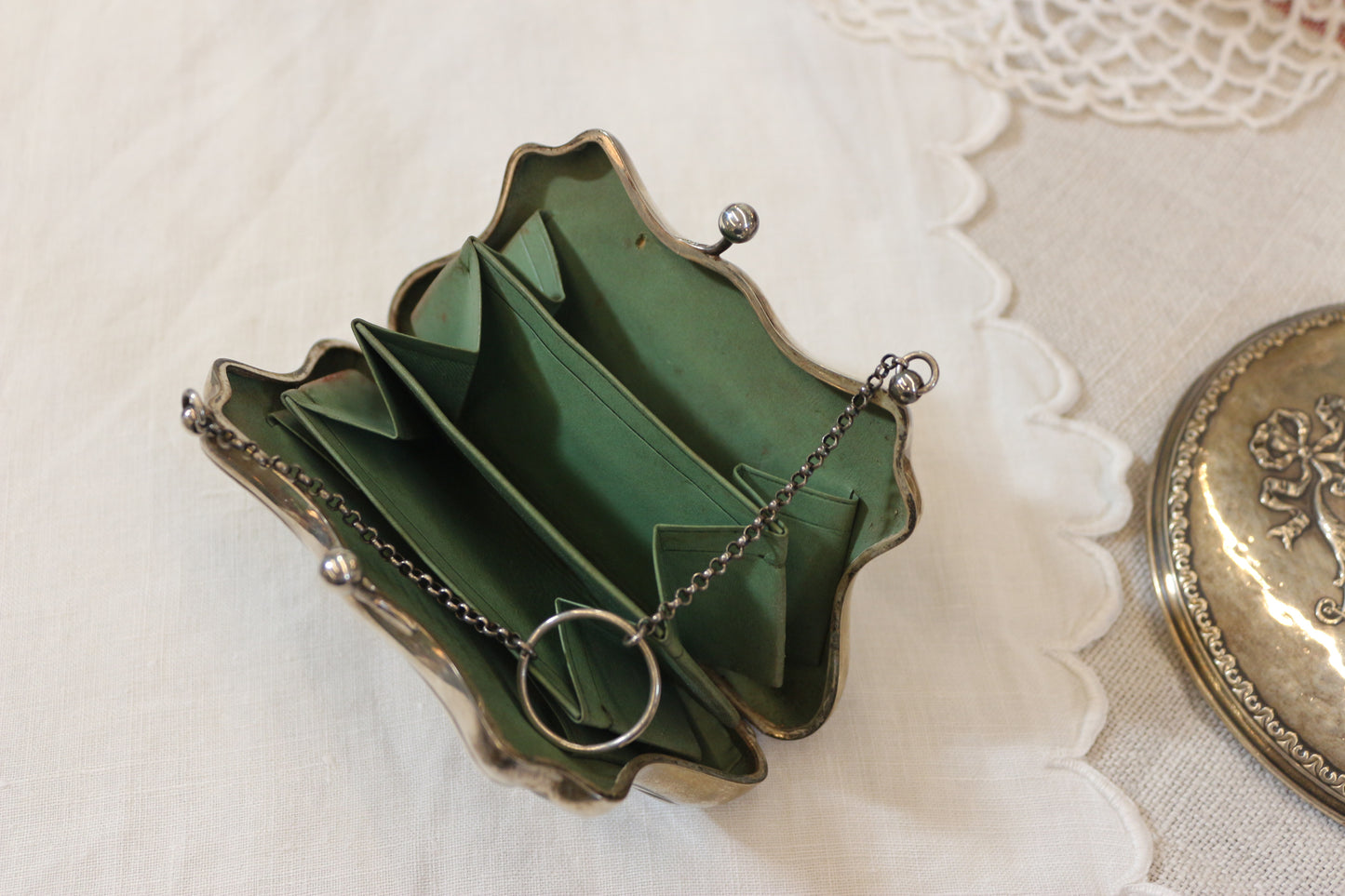 英國｜1910年代古董銀包包⎽綠色內裡 ✤已蒙收藏